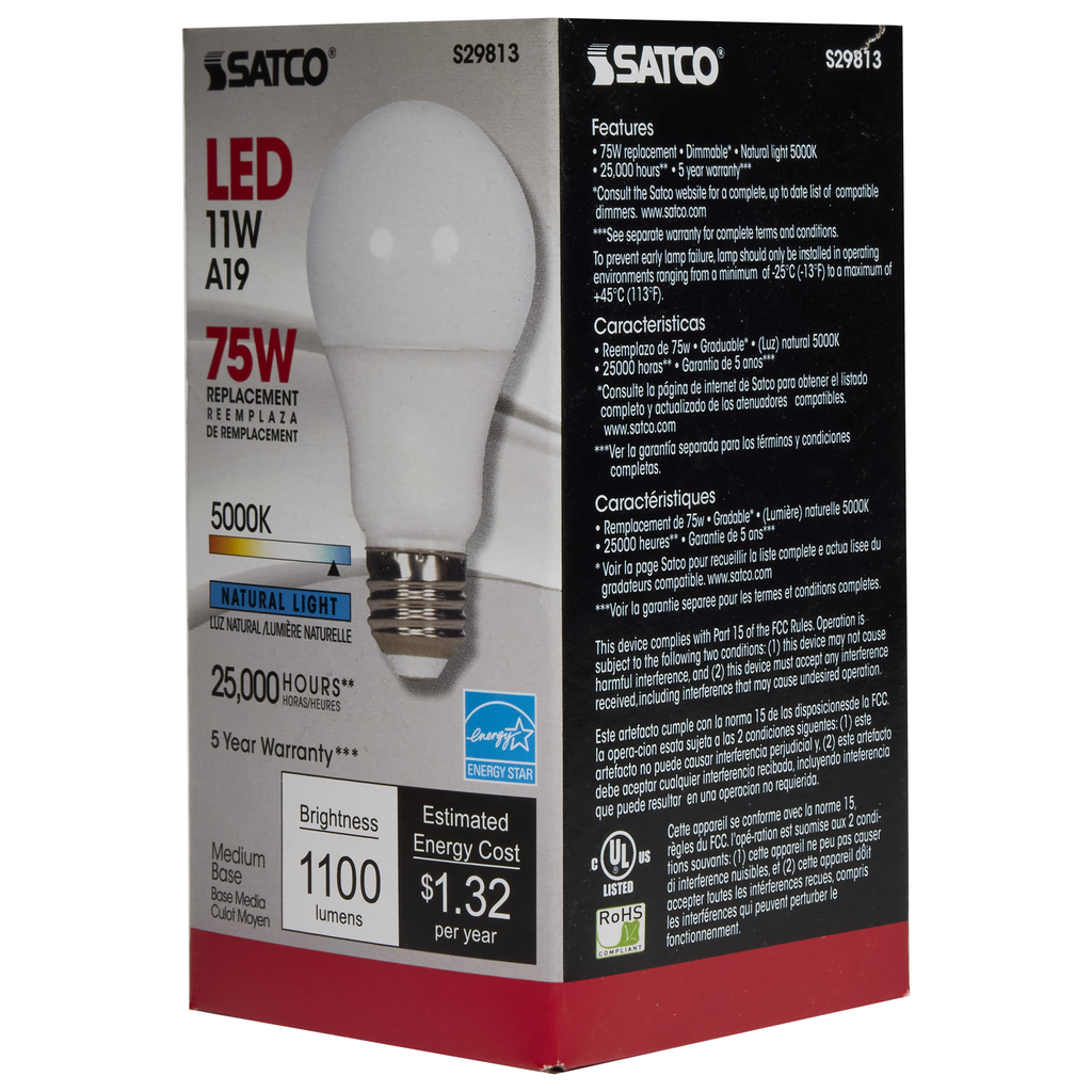 SATCO-NUVO Satco S29813 11 Watt A19 LED 5000K Medium Base 220 Beam Angle 120 Volt