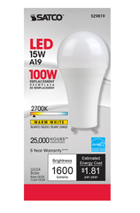 Satco S29819 A19 LED 15 Watt Frosted GU24 Base 220 Degree Beam Angle