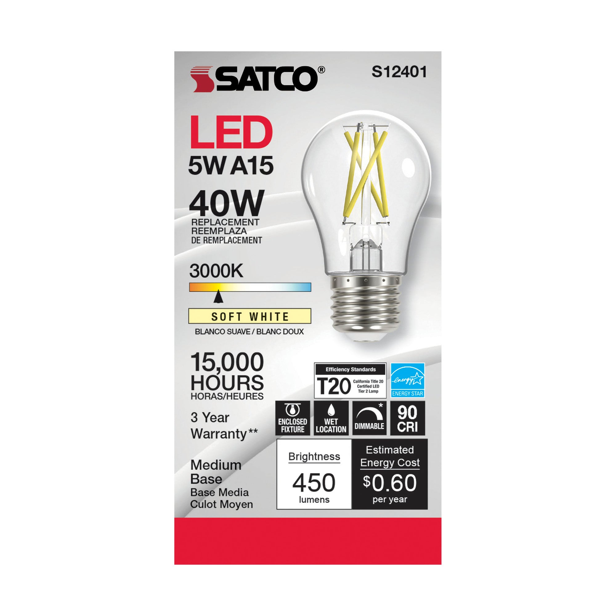 SATCO-NUVO Satco S12401 5 Watt LED A15 Lamp - Clear Medium Base 3000K 90 CRI 120 Volts