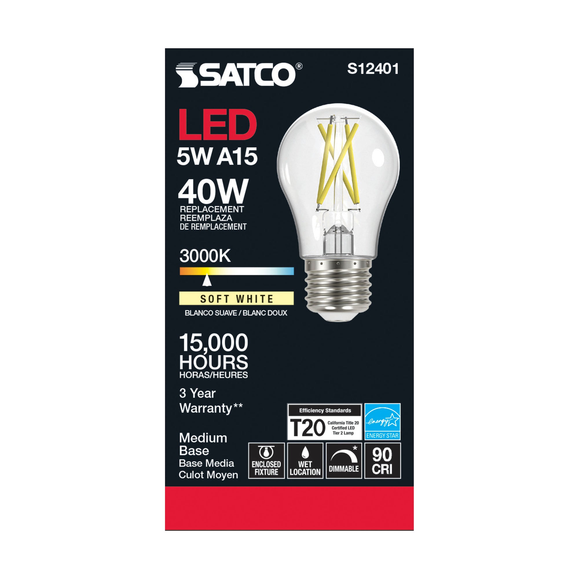 SATCO-NUVO Satco S12401 5 Watt LED A15 Lamp - Clear Medium Base 3000K 90 CRI 120 Volts