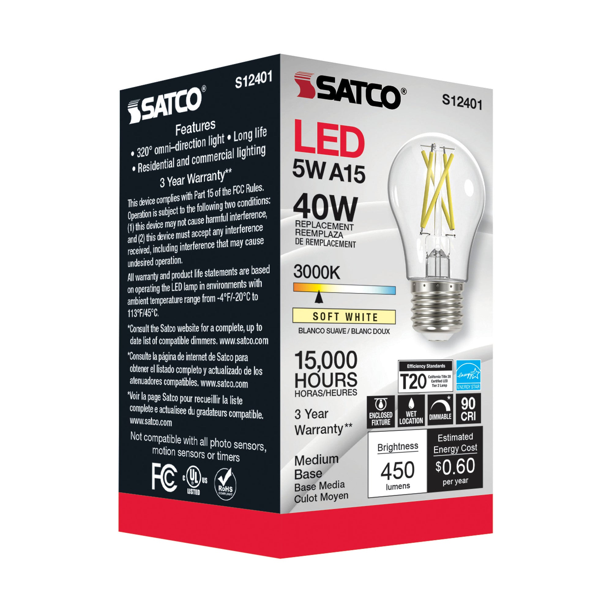SATCO-NUVO Satco S12401 5 Watt LED A15 Lamp - Clear Medium Base 3000K 90 CRI 120 Volts