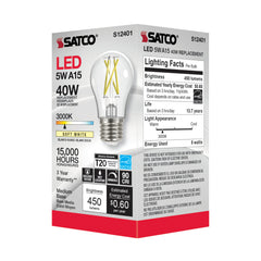 Satco S12401 5 Watt LED A15 Lamp - Clear Medium Base 3000K 90 CRI 120 Volts