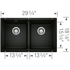BLANCO BLANCO 442927 Precis 29-3/4 x 18-1/8 in No Hole Granite Composite Double Bowl Undermount Kitchen Sink in Coal Black