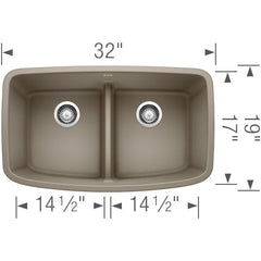 BLANCO BLANCO 442197 Valea 32 x 19 in. No Hole Composite Double Bowl Undermount Kitchen Sink in Truffle