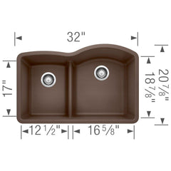 BLANCO BLANCO 441609 Diamond 32 x 20-7/8 in. No Hole Composite Double Bowl Undermount Kitchen Sink in Cafe Brown