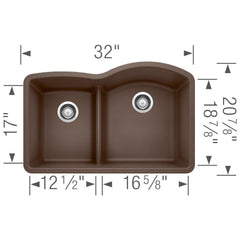 BLANCO BLANCO 441609 Diamond 32 x 20-7/8 in. No Hole Composite Double Bowl Undermount Kitchen Sink in Cafe Brown