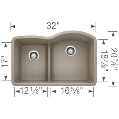 BLANCO BLANCO 441608 Diamond 1-3/4 Reverse Double Bowl Kitchen Sink with Low Divide - Truffle