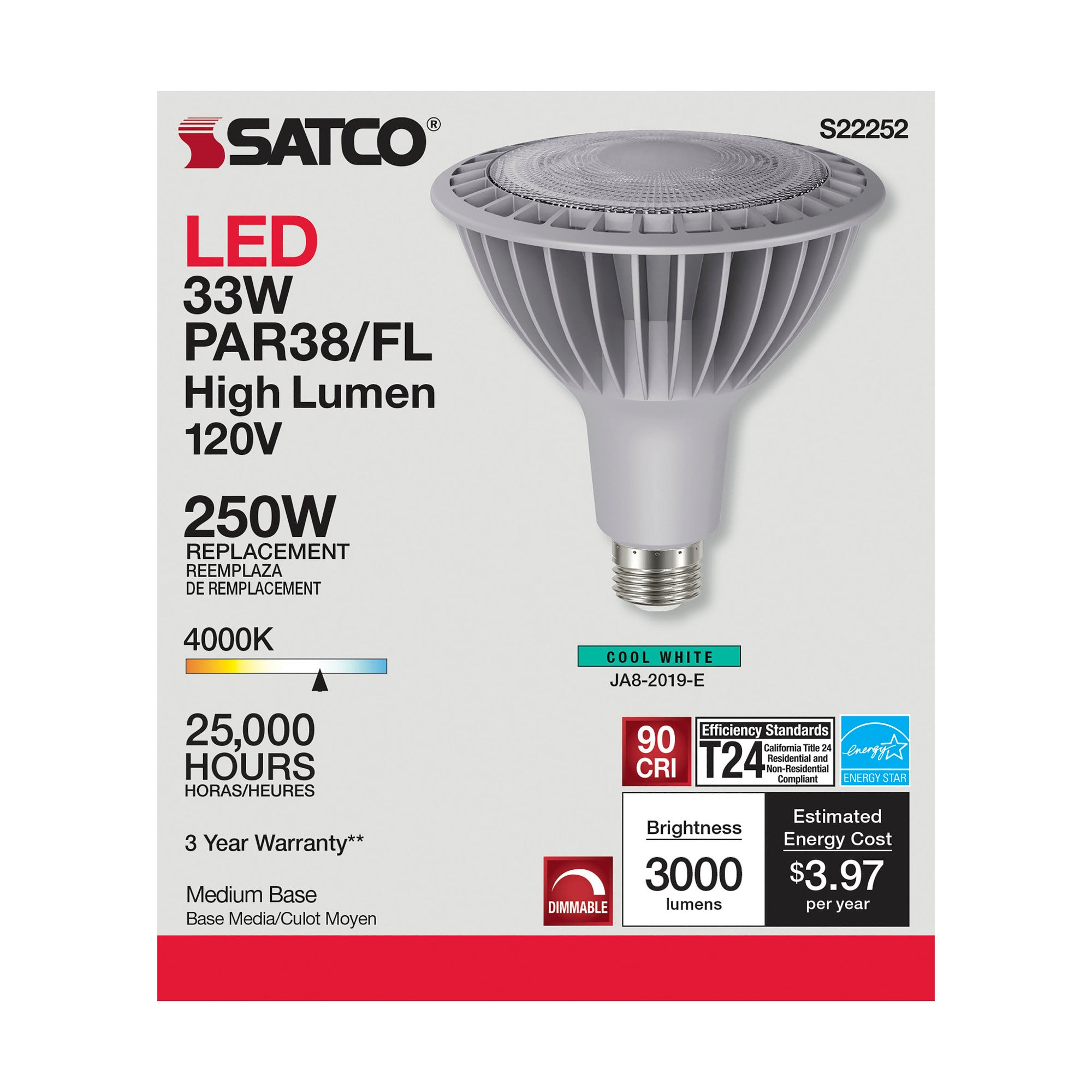 SATCO-NUVO Satco S22252 33 Watt PAR38 High Lumen LED 4000K Medium Base 120 Volt