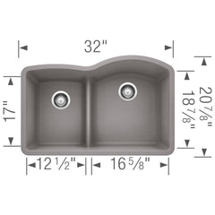 BLANCO BLANCO 441601 Diamond 32 x 20-7/8 in. No Hole Composite Double Bowl Undermount Kitchen Sink in Metallic Grey