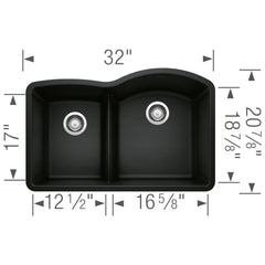 BLANCO BLANCO 442911 Diamond 32 x 20-7/8 in. No Hole Granite Composite Double Bowl Undermount Kitchen Sink in Coal Black