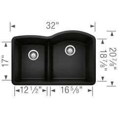 BLANCO BLANCO 442911 Diamond 32 x 20-7/8 in. No Hole Granite Composite Double Bowl Undermount Kitchen Sink in Coal Black