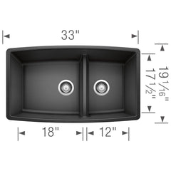 BLANCO BLANCO 441312 Performa 33 x 19 in No Hole Composite Double Bowl Undermount Kitchen Sink in Anthracite
