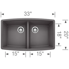 BLANCO BLANCO 441473 Performa 33 x 20 in No Hole Composite Double Bowl Undermount Kitchen Sink in Cinder