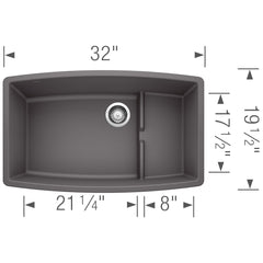 BLANCO BLANCO 441476 Performa Cascade 32 x 19-1/2 in No Hole Composite Double Bowl Undermount Kitchen Sink in Cinder