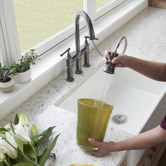 ELKAY Elkay LKEC2037AS Explore Three Hole Bridge Faucet with Pull-down Spray and Lever Handles Antique Steel