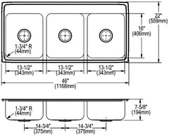 ELKAY Elkay LTR46226 Lustertone Classic Stainless Steel 46 x 22 x 7-5/8 Triple Bowl Drop-In Sink