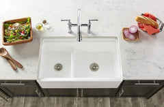 ELKAY Elkay SWUF3320WH Fireclay 33 x 19-15/16 x 9-3/16 60/40 Double Bowl Farmhouse Workstation Sink with Aqua Divide