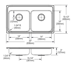 ELKAY Elkay LRAD3319503 Lustertone Classic Stainless Steel 33 x 19-1/2 x 5, Equal Double Bowl Drop-in ADA Sink
