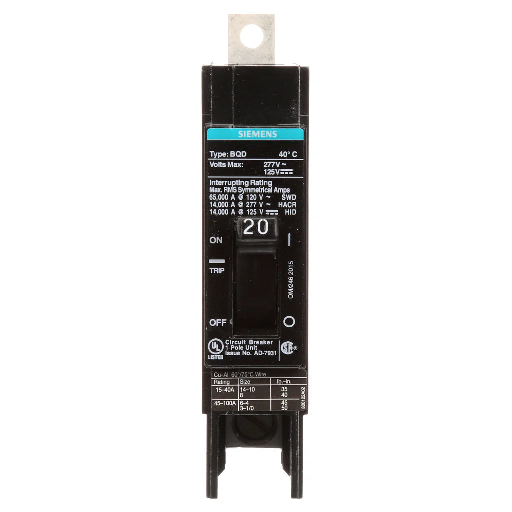 SIEMENS Siemens BQD120 Molded Case Circuit Breaker, 277 VAC, 20 A, 14 kA Interrupt, 1 Pole