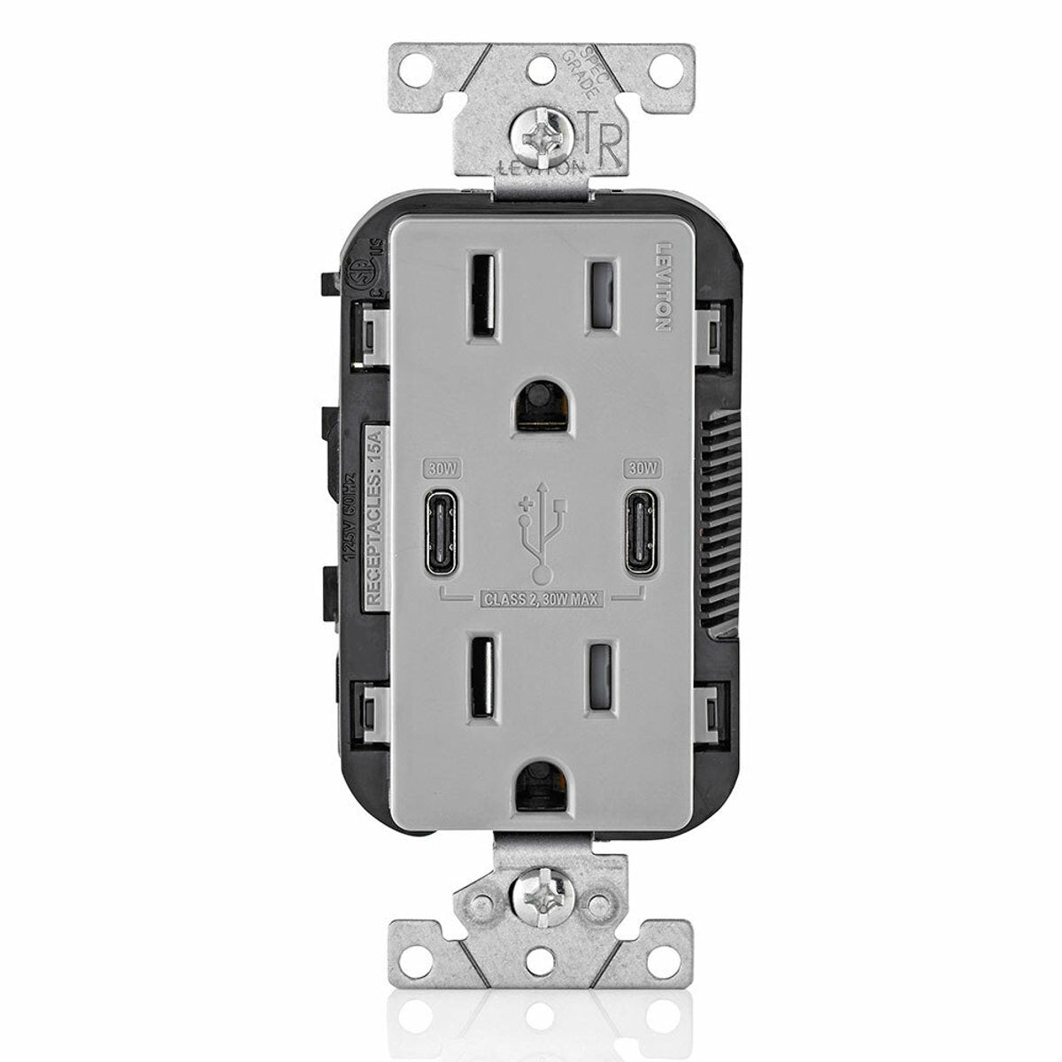 LEVITON Leviton T5635-G 15 Amp 125 Volt Decora Tamper-Resistant Outlet NEMA 5-15R 30W USB Chargers