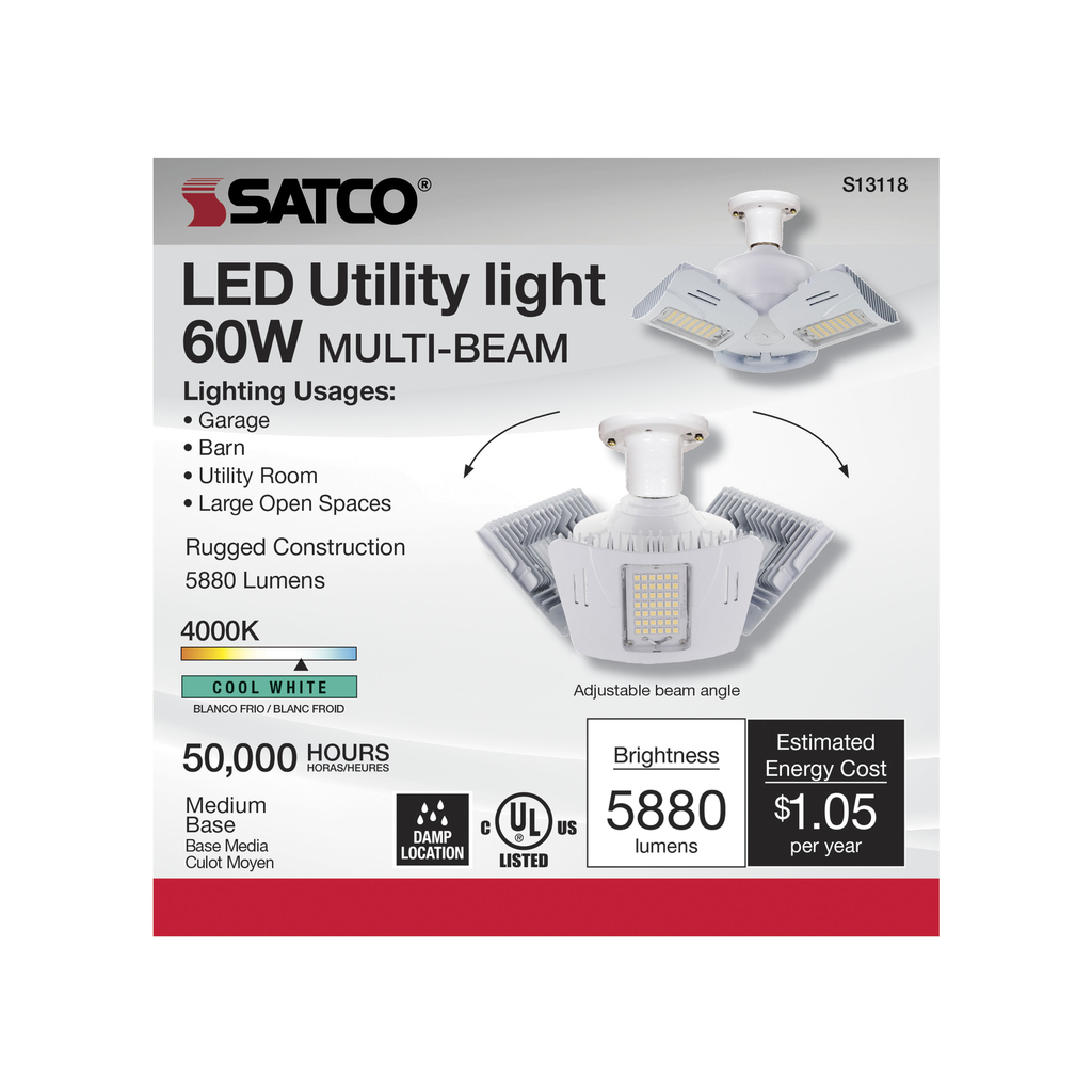 SATCO-NUVO Satco S13118 60 Watt LED Utility Light 4000K Medium Base Adjustable Beam Angle