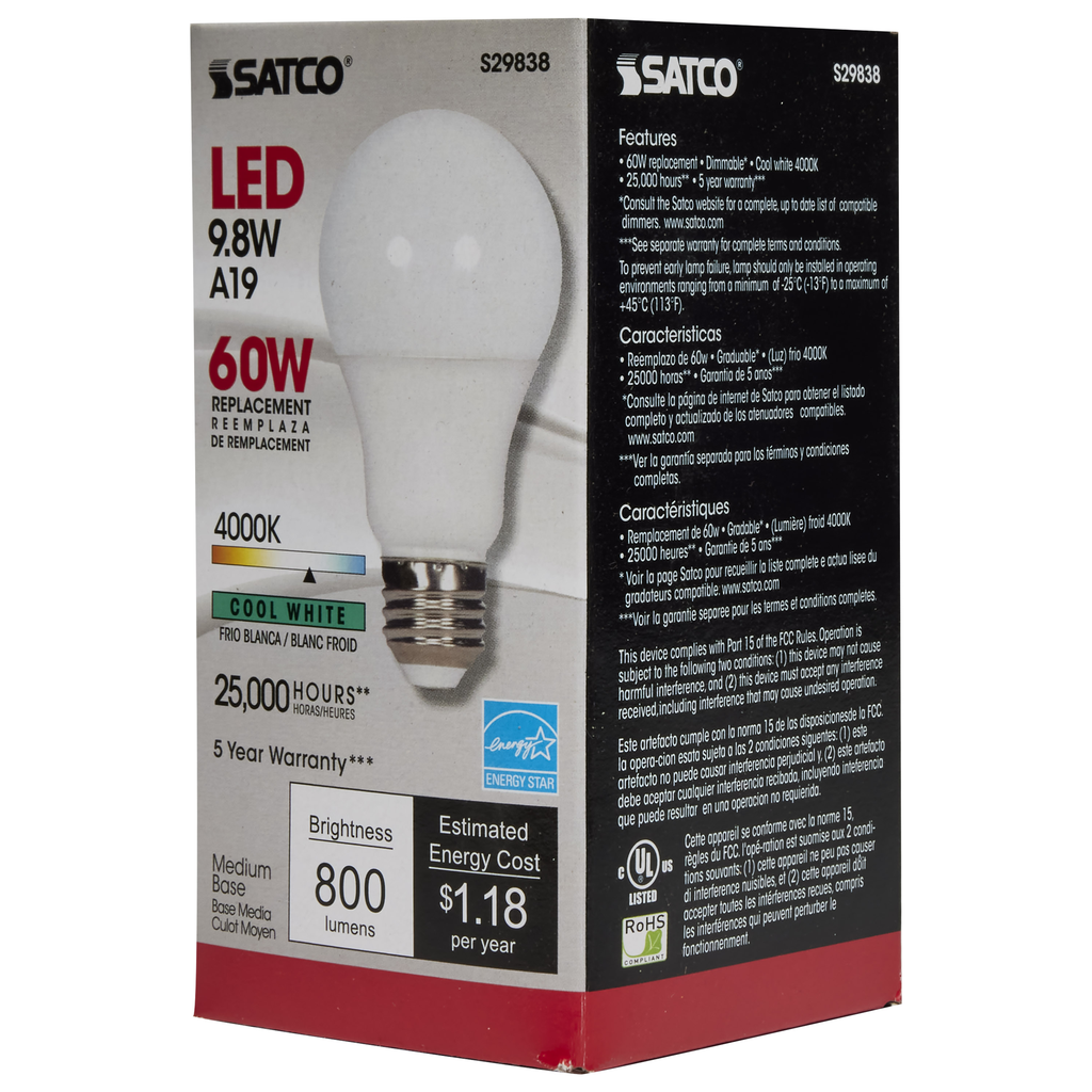 SATCO-NUVO Satco S29838 A19 LED 9.8 Watt 4000K Medium Base 220 Beam Angle