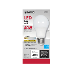 SATCO-NUVO Satco S29830 6 Watt A19 LED 2700K Medium Base 220 Degree Beam Spread 120 Volts