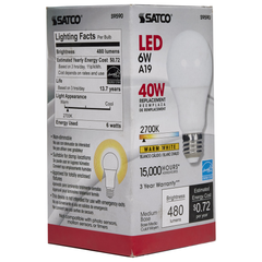 SATCO-NUVO Satco S9590 Type A, Designation: 6W A19 LED - 220' Beam Spread - Medium Base - 2700K - 120V - Non-Dimmable