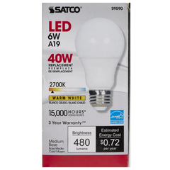 SATCO-NUVO Satco S9590 Type A, Designation: 6W A19 LED - 220' Beam Spread - Medium Base - 2700K - 120V - Non-Dimmable