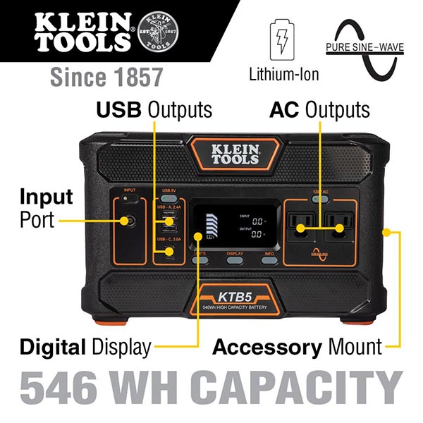 KLEIN TOOLS Klein Tools 29086-2/KTB5 Klein KTB5 Portable Power Station, 546 Watt Hour, 24.8Ah, 22.02V