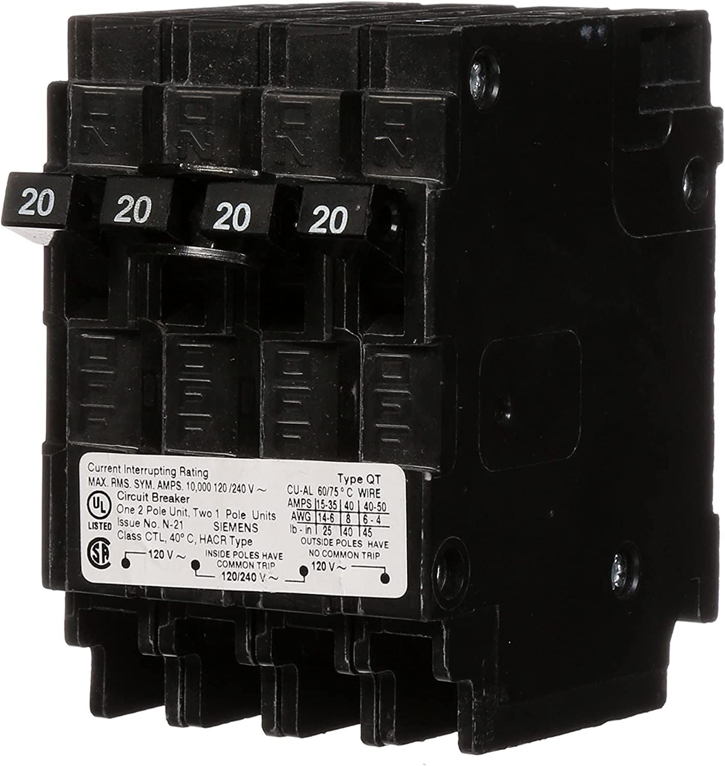 SIEMENS Siemens Q22020CT Triplex Circuit Breaker, 20A, 120/240V AC