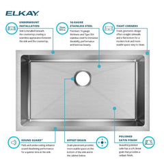 ELKAY Elkay EFRU2816T Crosstown 16 Gauge Stainless Steel 30-1/2 x 18-1/2 x 8 Single Bowl Undermount Sink