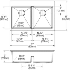 ELKAY Elkay ECTSRA33229TBG1 Crosstown 18 Gauge Stainless Steel 33 x 22 x 9 Dual Mount Sink Kit with Aqua Divide