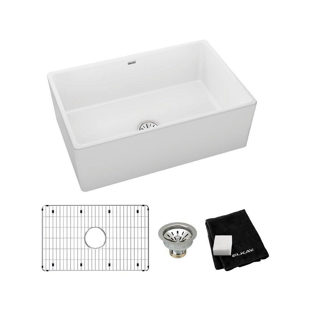 ELKAY Elkay SWUF28179WHC Fireclay 30 x 19-15/16 x 9-1/8 Single Bowl Farmhouse Sink Kit White
