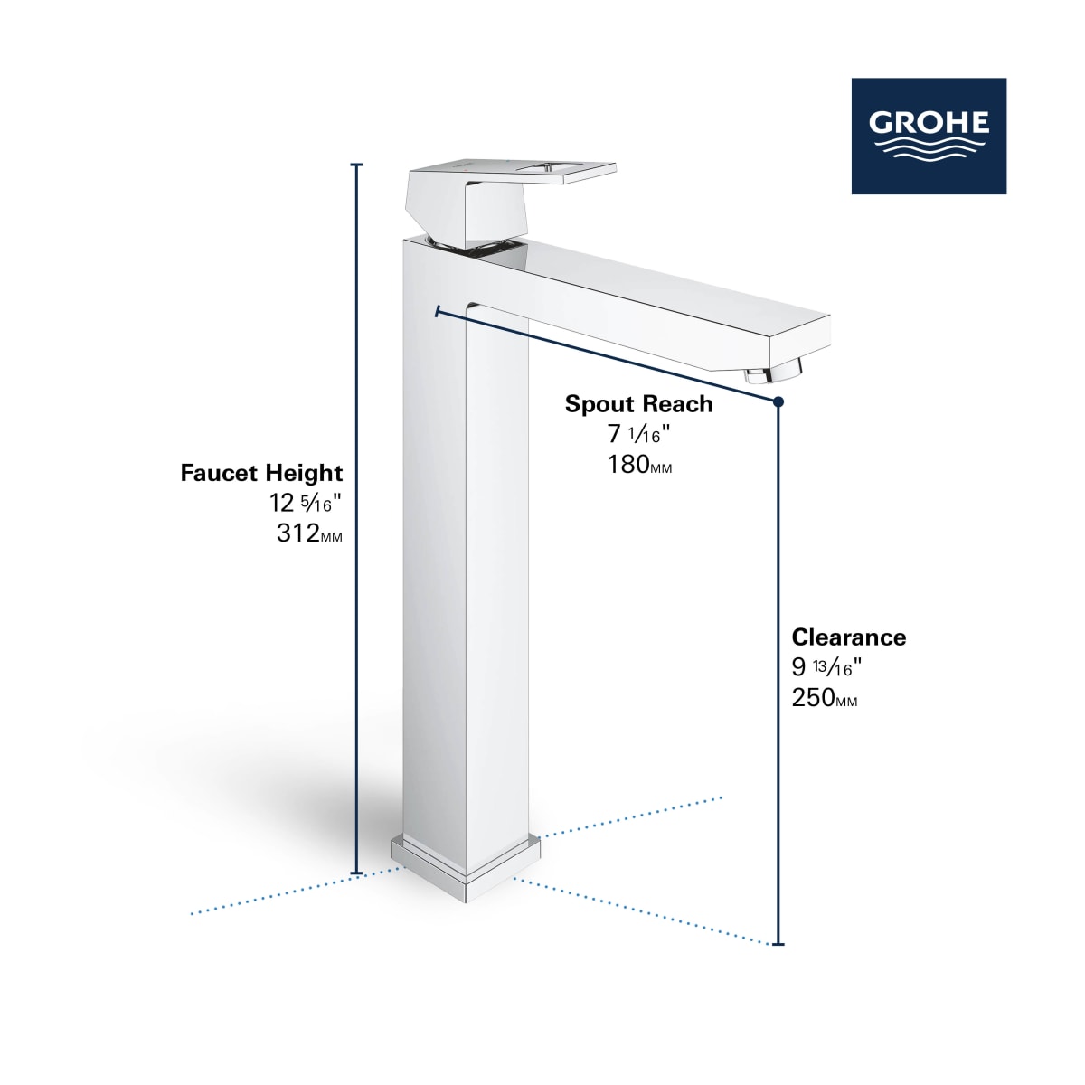 GROHE GROHE 23671000 Eurocube Single Handle Monoblock Vessel Filler Bathroom Sink Faucet 1.2 GPM