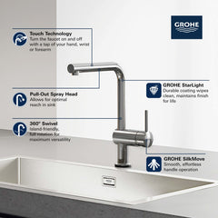 GROHE GROHE 30218DC1 Minta Touch Single Handle Pull Out Kitchen Faucet with Touch Activation in SuperSteel Infinity