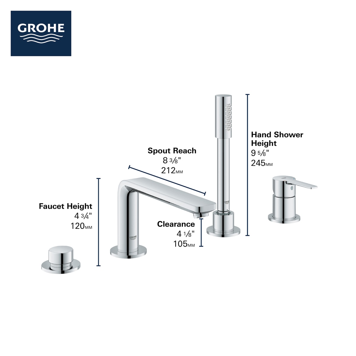 GROHE Grohe 19577EN1 4-Hole Single-Handle Deck Mount Roman Tub Faucet with 1.75 GPM Hand Shower