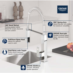 GROHE GROHE 31401000 Eurocube Single Handle Pull Down Kitchen Faucet in Starlight Chrome