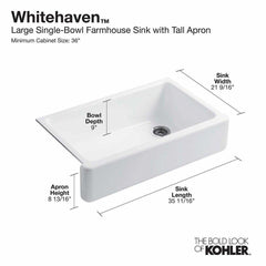 KOHLER KOHLER 6489-0 Whitehaven 35-11/16 x 21-9/16 in. Cast Iron Single Bowl Farmhouse Kitchen Sink