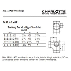 CHARLOTTE PIPE Charlotte Pipe ABSF-300.300.300.200-RH/TEE-A 3x3x2 Tee (Reducing Right In) - Hub x Hub x Hub - ABS DWV