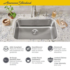 AMERICAN STANDARD American Standard 18SB6301800S.075 Portsmouth® 29-3/4 x 18 in. No Hole Stainless Steel Single Bowl Undermount Kitchen Sink