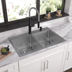 ELKAY Elkay ECTSR33229TBGFR2 Crosstown 18 Gauge Stainless Steel 33 x 22 x 9 FR2-Hole Equal Double Bowl Dual Mount Sink Kit