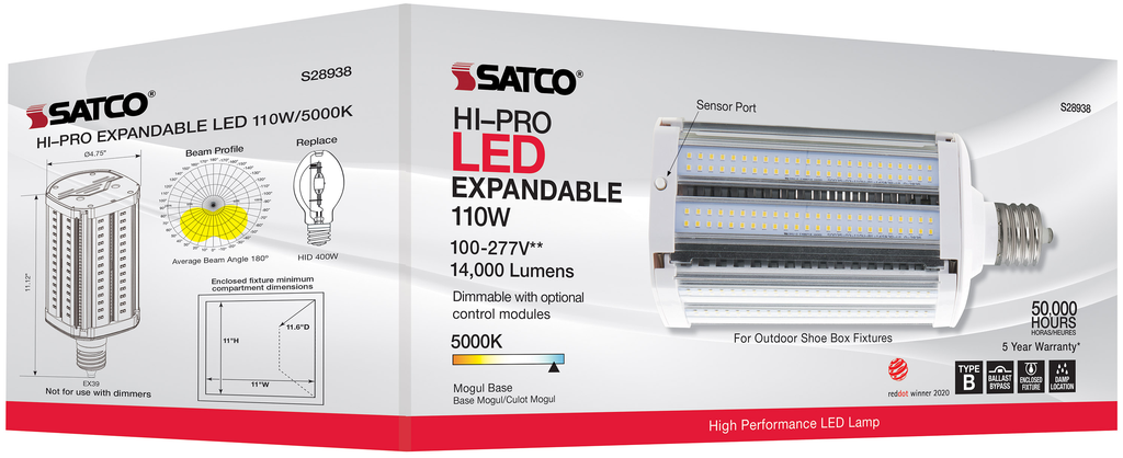SATCO-NUVO Satco S28938 110 Watt LED Hi-lumen shoe box style lamp for commercial fixture applications 5000K Mogul Extended Type B Ballast Bypass 100-277 Volt