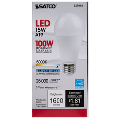 SATCO-NUVO Satco S29818 15 Watt A19 LED Frosted 5000K Medium Base 220 Beam Angle
