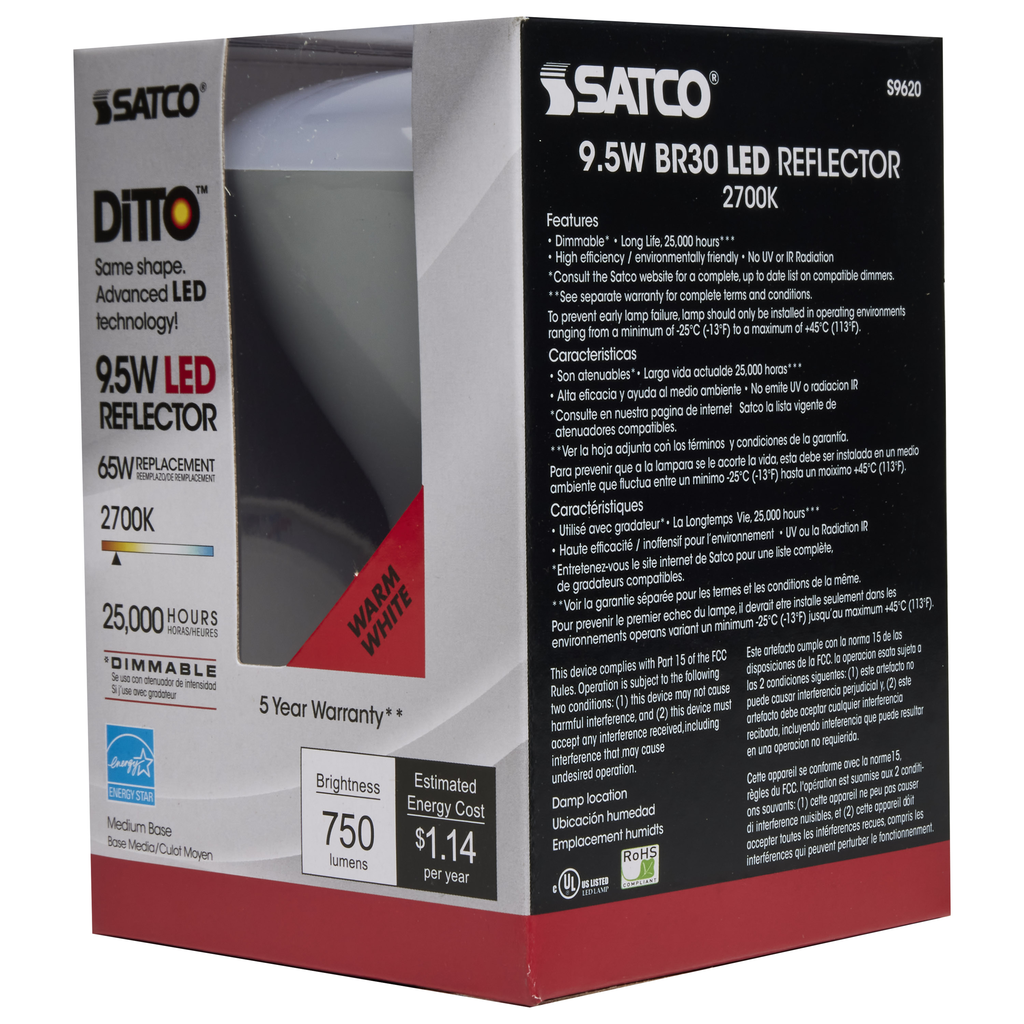 SATCO-NUVO Satco S9620 9.5 Watt LED Lamp BR30 Reflector 105 Beam Angle 2700K