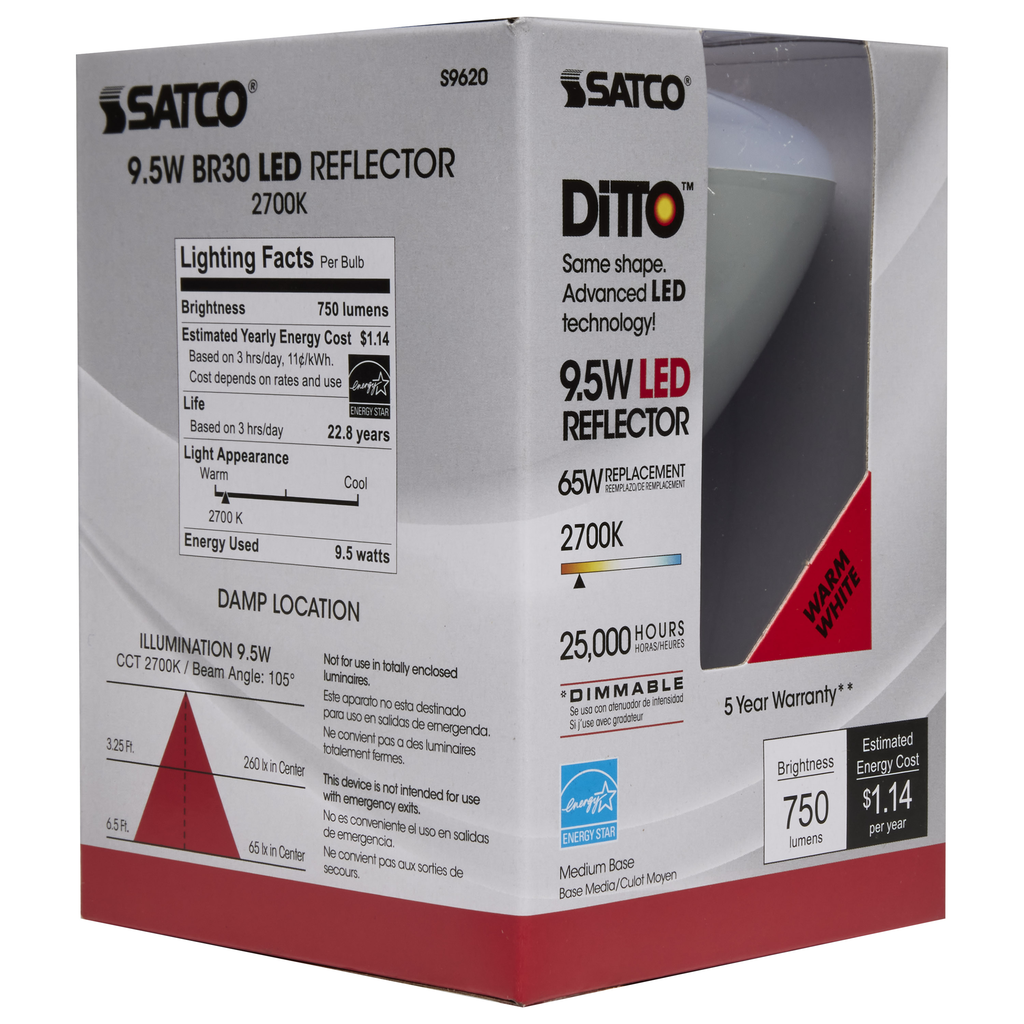 SATCO-NUVO Satco S9620 9.5 Watt LED Lamp BR30 Reflector 105 Beam Angle 2700K