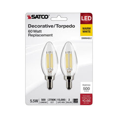 SATCO-NUVO Satco-Nuvo S21827 B11 LED Filament Bulb 5.5W (2-Pack)