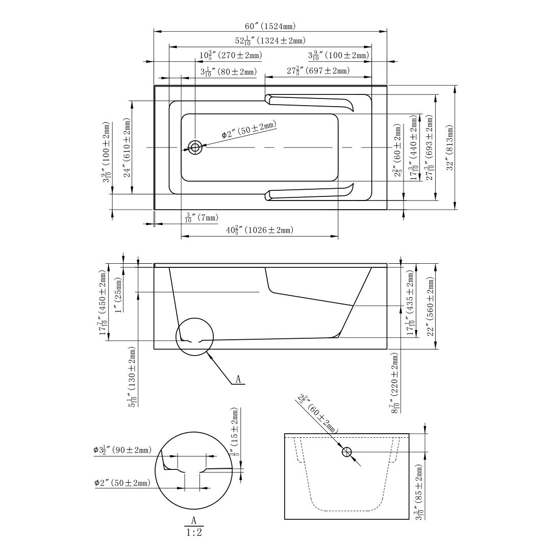 DAKOTA Dakota Plumbing Products UST-ALRC05SW Alcove Bathtub
