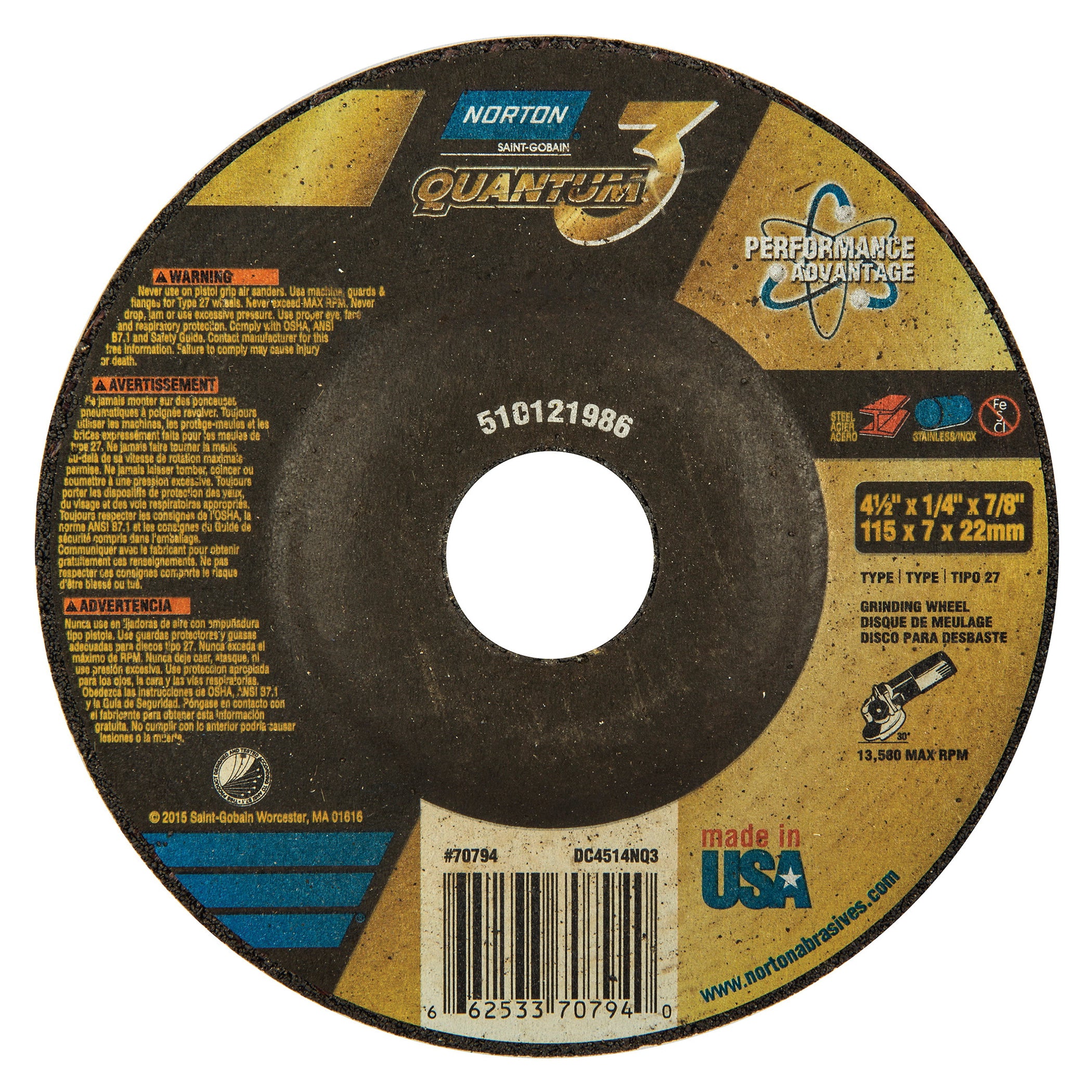 NORTON Norton 66253370794 Quantum3 Ceramic Alumina 4-1/2 in Dia 20 Grit Resin Bonded Wheel