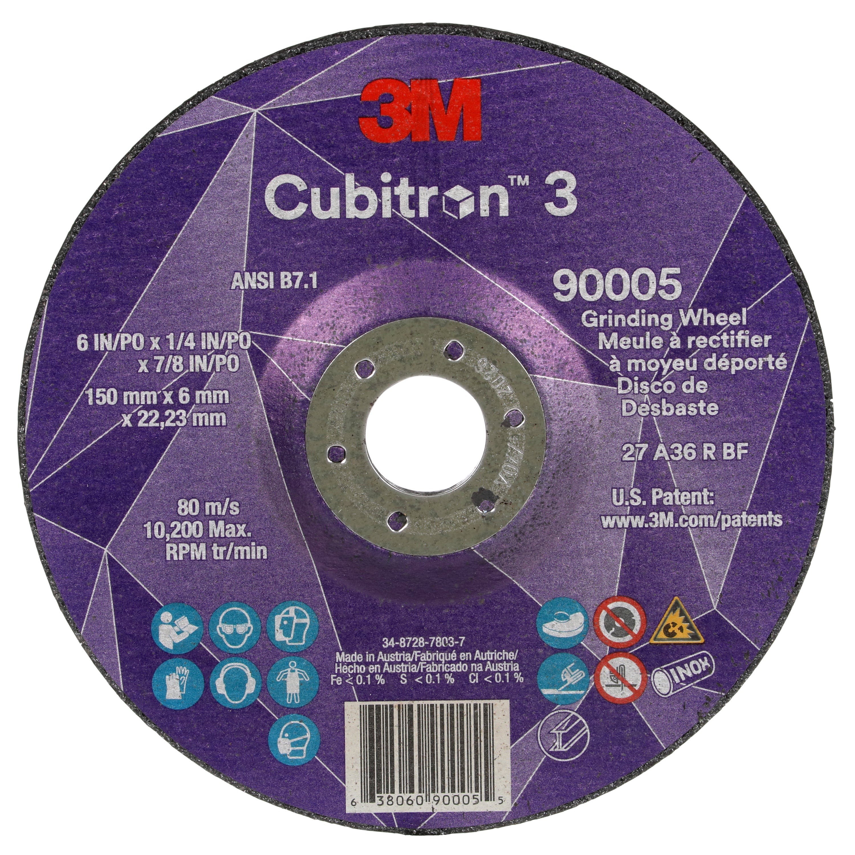 3M 3M 7100313193 Cubitron 3 Depressed Center Grinding Wheel 36+ Grit 6 X 1/4 X 7/8